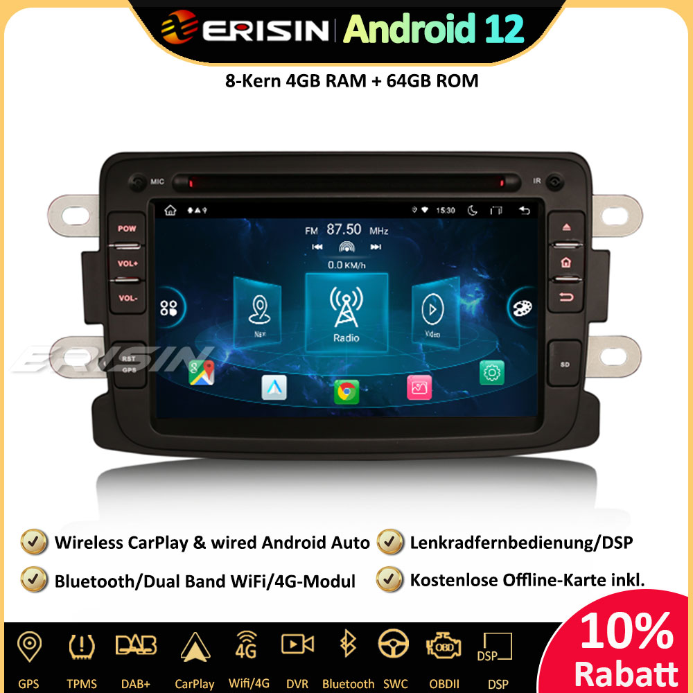 Erisin ES8973D 8-Kern Android 12 Autoradio GPS CarPlay DAB+ CD Player  Bluetooth DSP Navi Für Renault Dacia Duster Dokker Lodgy,Android 12.0 OS  8-Kern 4GB RAM+64GB ROM